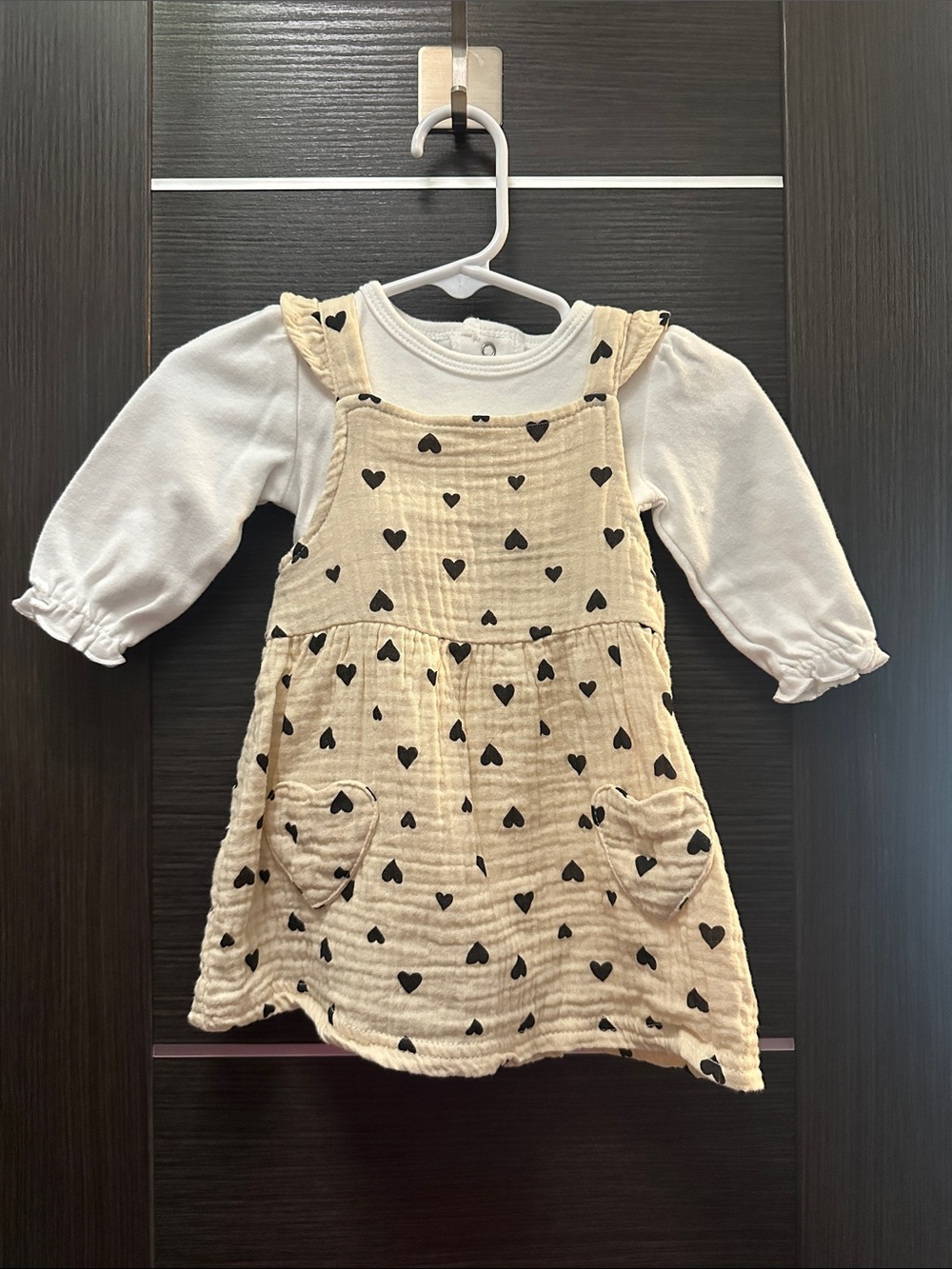 Baby Girl Cream and Black Dress Polka Dot Hearts